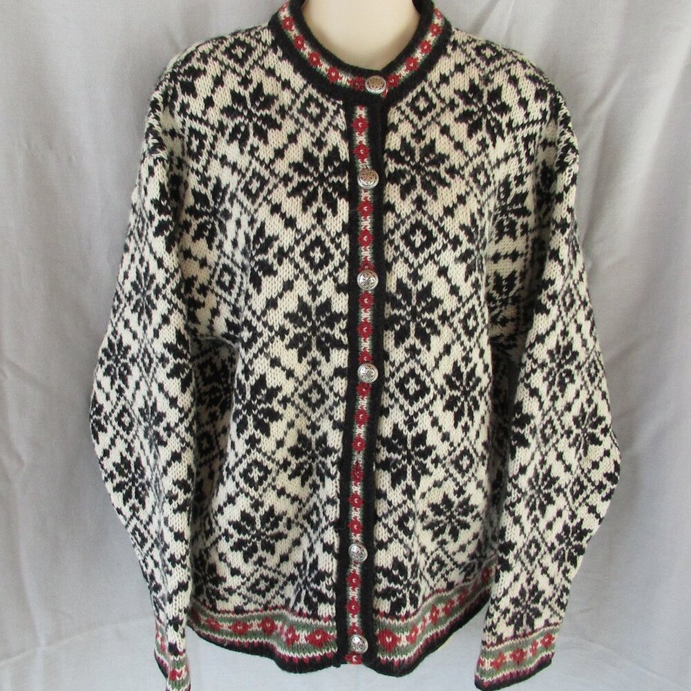 L.L.Bean sweater cardigan Medium Nordic fair isle black red vintage